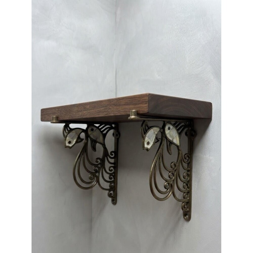 Vintage Brass Art Nouveau Shelf Bracket Pair Mother of Pearl Koi Fish 7x6.25